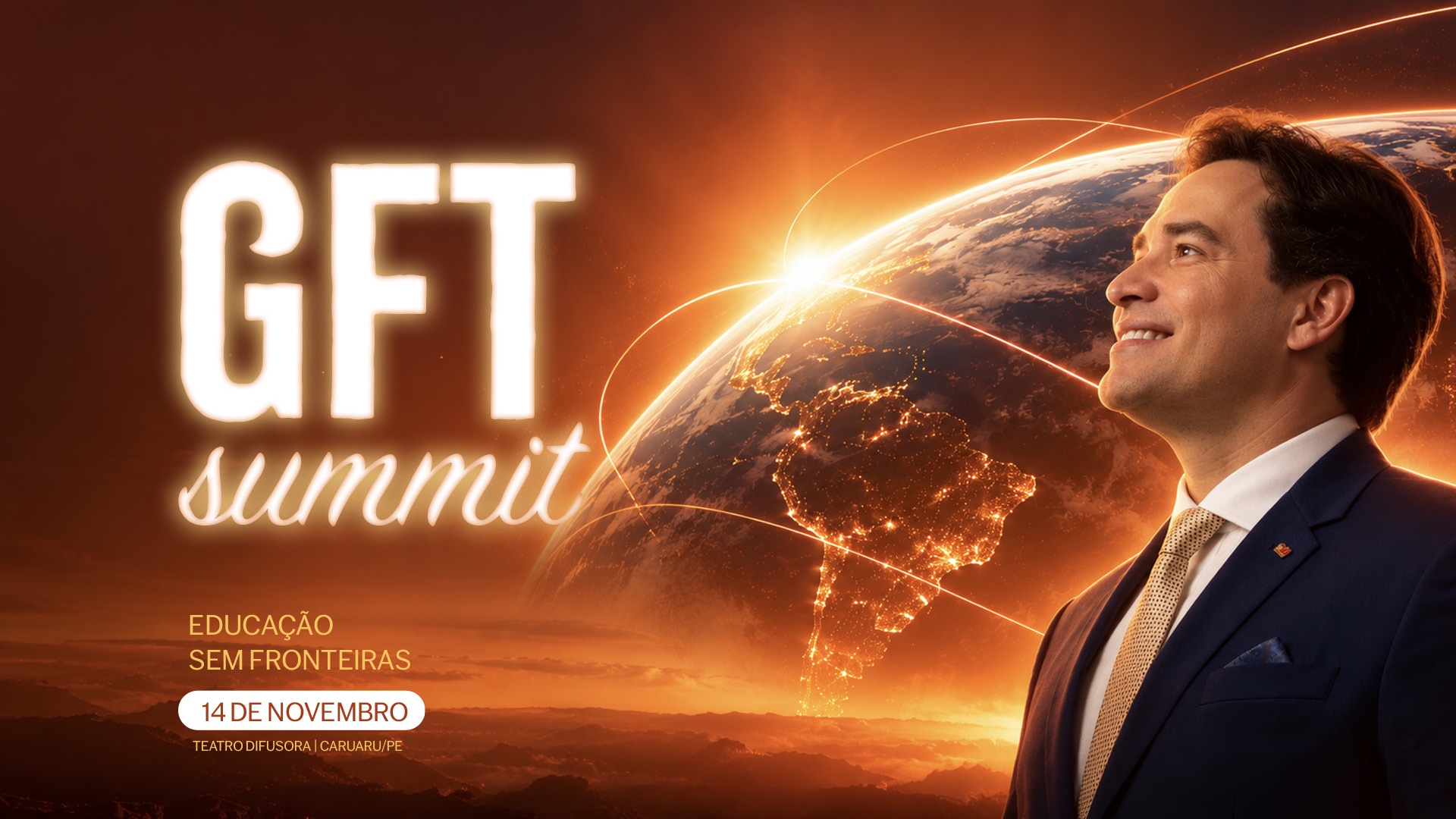 Arte do GFT Summit: retrato diante do planeta iluminado por conexões douradas